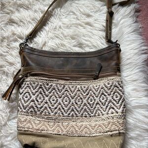 Myra Bag Brown Woven-Front Crossbody with Leather Trim